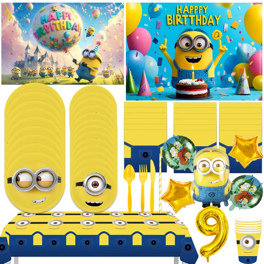 Cartoon M & Minions Geburtstag Party Dekoration Einweg Geschirr Tasse Teller Tischdecke Luftballons Gelb Große Augen Hintergrund Banner.