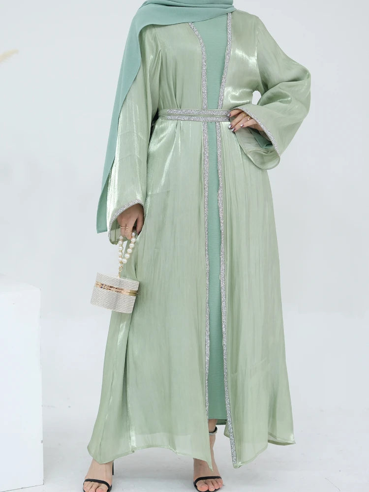 Muslim Abaya for Women Eid Dress 2 Piece Set Diamond Morocco Ramadan Lace-up Abayas Kaftan Islam Cardigan Dubai Arab Long Robe.