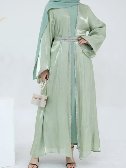 Muslim Abaya for Women Eid Dress 2 Piece Set Diamond Morocco Ramadan Lace-up Abayas Kaftan Islam Cardigan Dubai Arab Long Robe.