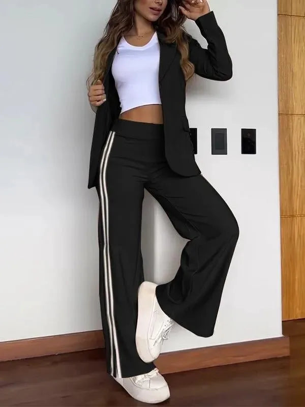 Autumn Winter New Women's Casual Lapel Pantsuit Fashion Splicing Stripes Slit Wide Leg Trousers Female Suit Office Two-piece Set.