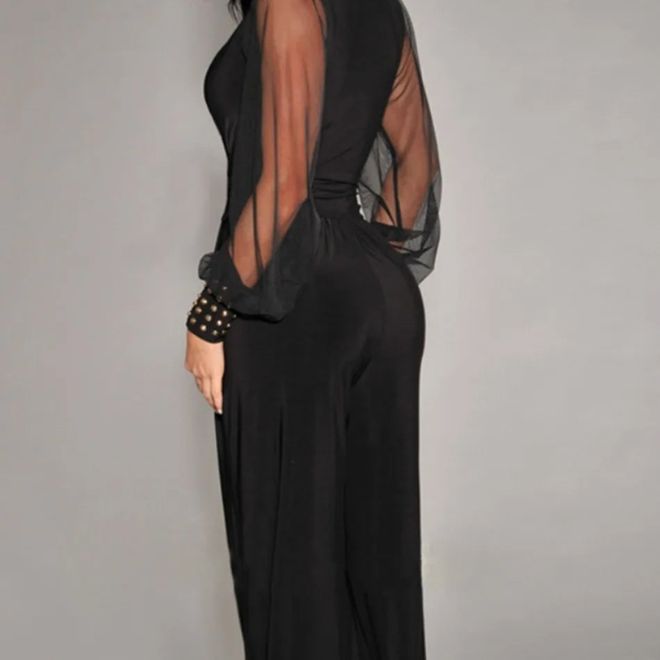 New In Spring Summer Women's Jumpsuit Black V-neck Mesh Splicing Straight One-piece Female Jumpsuit Sexy Streetwear Clothes.