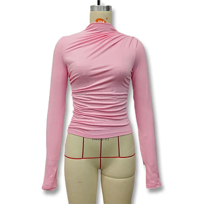 2025 Autumn Solid Color Folds Turtleneck Slim T Shirt Women Long Sleeves Bottoming Shirt Ladies Tee Shirt Tops Camisetas Mujer