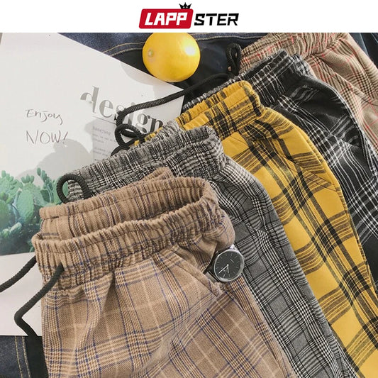 LAPPSTER Mens Black Harajuku Plaid Pants 2023 Men Japanese Streetwear Baggy Sweatpants Male 5 Colors Vintage Casual Trousers.