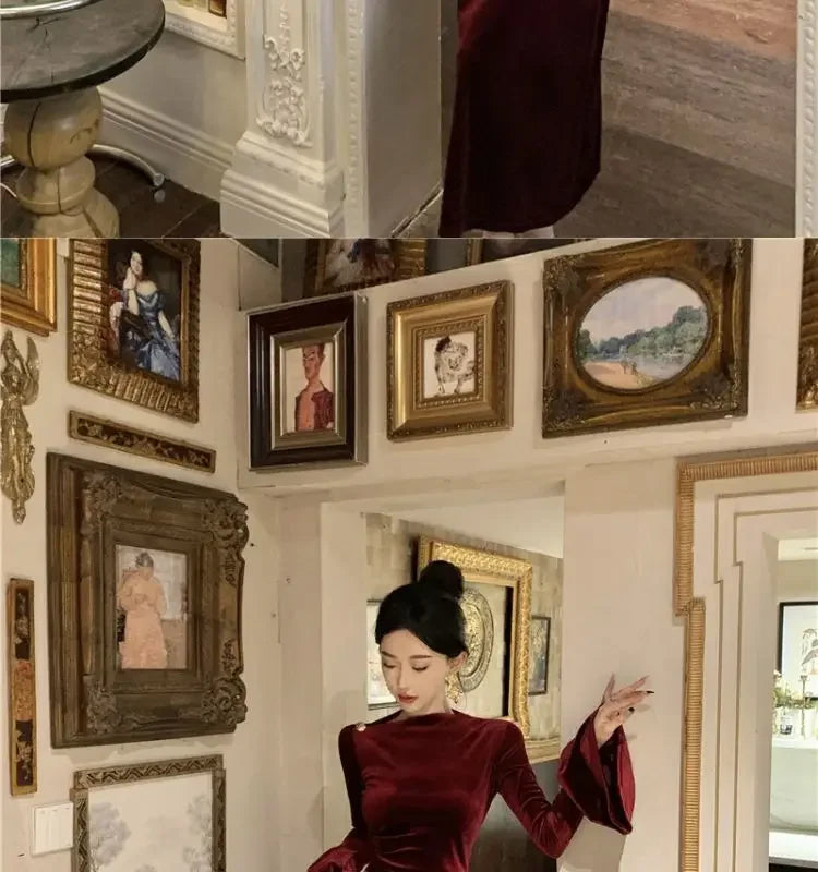 Internet Celebrity High-End-Samtkleid Leichtes, temperamentvolles, hoch tailliertes, schlankes, burgunderrotes Fischschwanzkleid