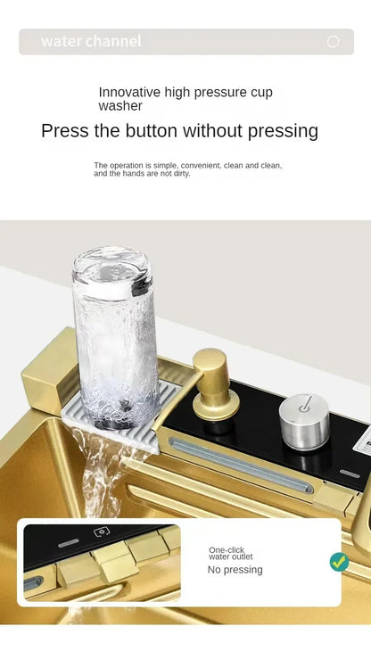 Gold Kitchen Sink Stainless Steel Sink Digital Vegetable Washing Basin, Atmosphere Light, Kitchen Large Single Sink 75cmX46cm