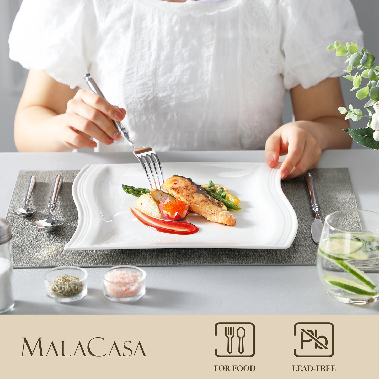 MALACASA 6/12 Piece Flora 10.25" Ivory White Porcelain China Ceramic Cream White Dinner Plates for Dinner/Cake/Beef/Pasta/Fruit.