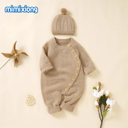 Baby Rompers Knitted Autumn Long Sleeve Newborn Boys Girls Jumpsuits Hats Outfits Sets Winter Solid Infant Netural Overall 0-18m