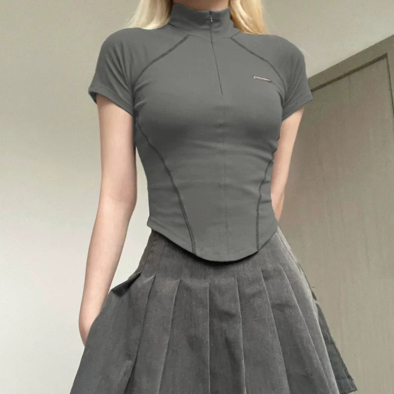 Women's Short Sleeve T-Shirt, Slim, Turn-Down Collar, Preppy Style, Patchwork, Casual, Summer Fashion, Fake 2 Piece, 2024