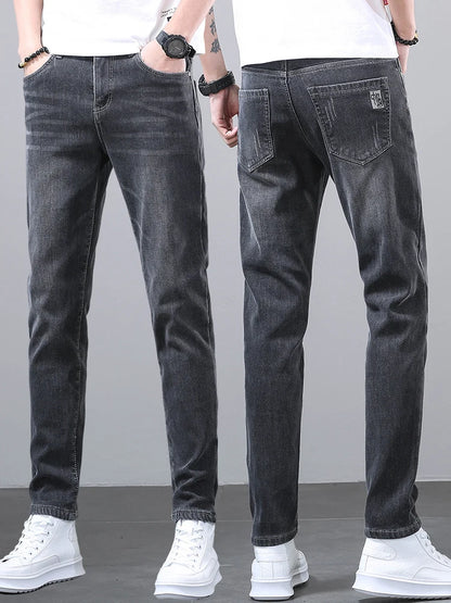 New Men's Four Seasons Business Jeans Fashionable Slim Fit Micro Elastic Straight Leg Long Pants.