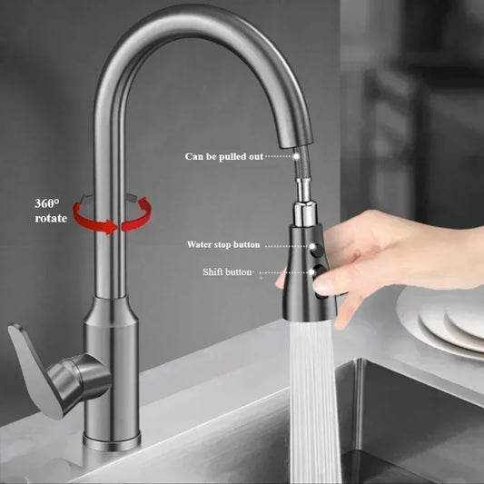 Kitchen Faucets Fine copper gun gray kitchen sink pull-out faucet household sink washbasin rotating hot and cold faucet