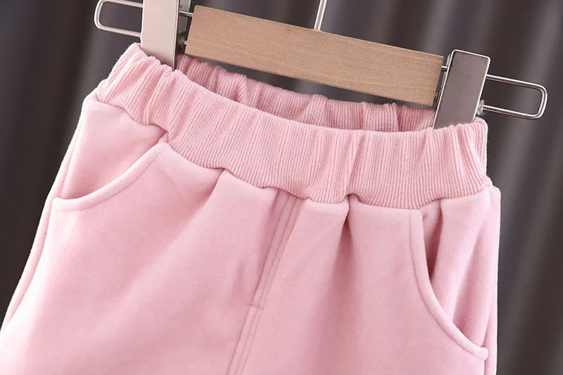 Baby Girls Warm Set Autumn Winter Lining Plush Thick Outfits Kids Cartoon Rabbit Ear Hoodie+Pants 2Pcs Children Casual Clothing.