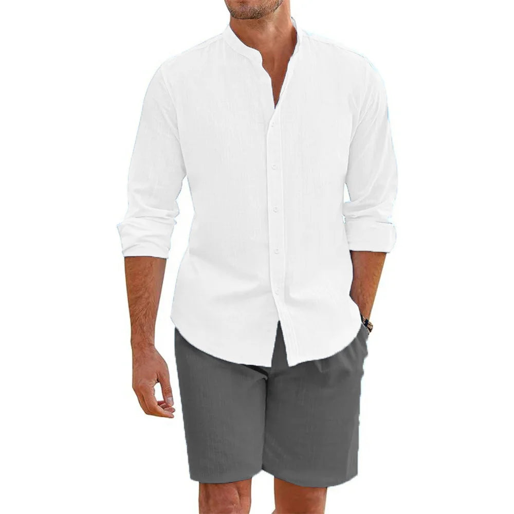 2 pcs Sets Men's Summer Cotton Linen Shirt and Shorts Cardigan Simple Casual Beach Shirts Comfortable Hawaii Wear.