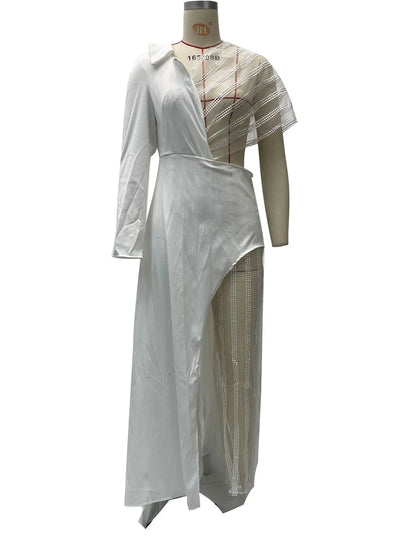 2024 Spring New Women's Clothing Amazon V-Neck Lace Irregular Gown Jumpsuit Colorful Blocks Inverted Pleated Prom Gowns.