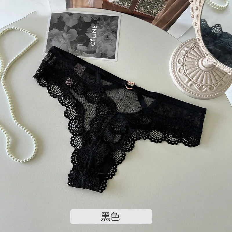 SP&CITY Thin Lace Embroidery Sexy Thongs Love Metal Transparent Women's Underwear Soft Cotton Crotch Hollow Out Panties Tanga.