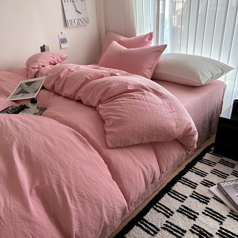 Bed Linen Solid Cotton Bedding Set with Sheet Duvet Cover Pillowcases Single Couple Bedsheet King Queen Double Twin Size.