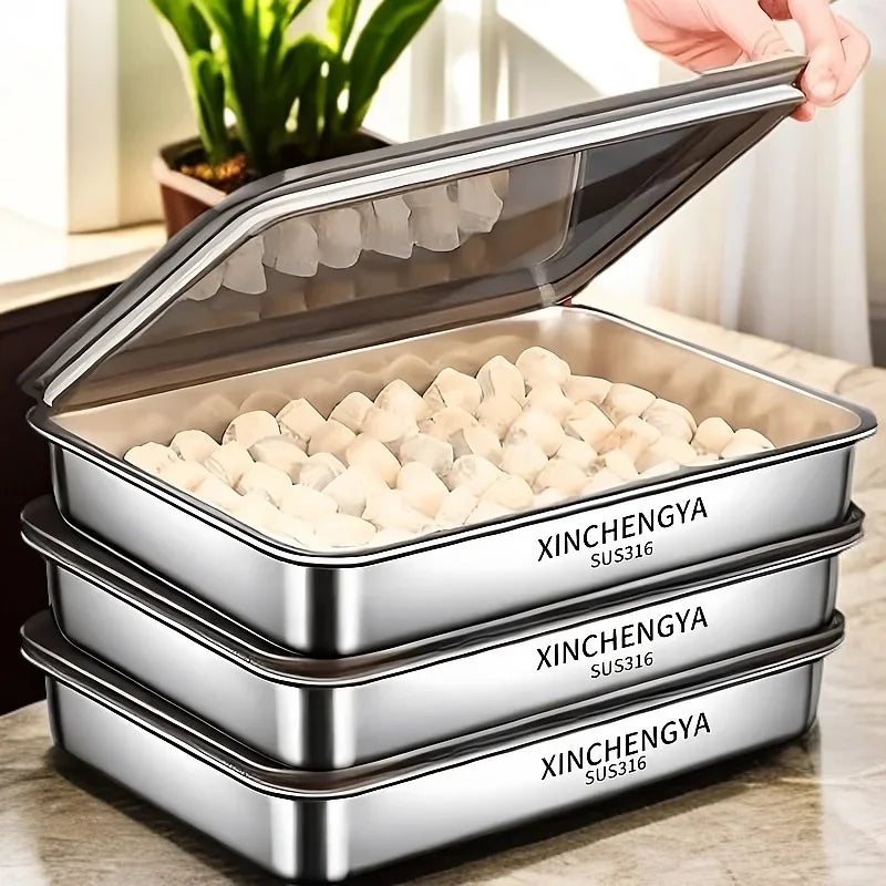 Stainless Steel Rectangular Tray with Lid Multi-Purpose Serving Plate for Dumplings BBQ Catering Food Storage Home Restaurant.