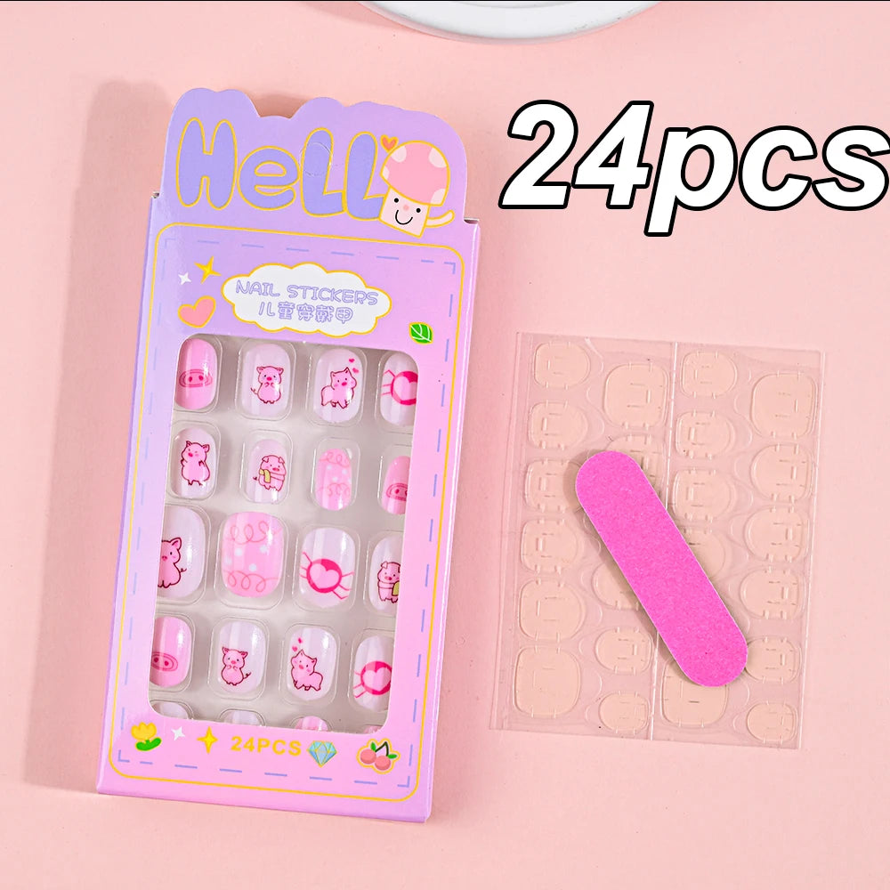 120pcs/box Pink Cartoon Children Press On Nails Candy Color Unicorn Cat Bunny Kids Full Cover False Nail Girls Party Nail Decora