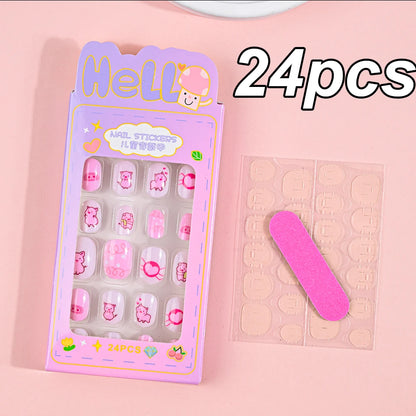 120pcs/box Pink Cartoon Children Press On Nails Candy Color Unicorn Cat Bunny Kids Full Cover False Nail Girls Party Nail Decora