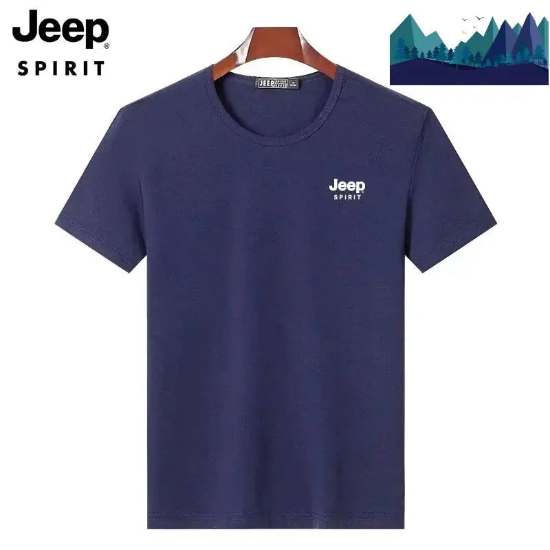 JEEP SPIRIT Mens T-shirt Summer 100%Cotton 230g Heavy Print Sports Breathable Round Neck Top Loose Solid Short Sleeve.