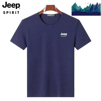 JEEP SPIRIT Mens T-shirt Summer 100%Cotton 230g Heavy Print Sports Breathable Round Neck Top Loose Solid Short Sleeve.