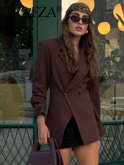 TRAFZA Frauen Elegante Feste Revers Zwei Tasten Anzug Jacke Mode Lange Hülse Dünne Kurze Mäntel 2024 Neue Casual Büro Dame Blazer