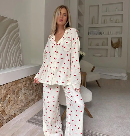 2-Piece Muslin Pajamas Set for Women 100% Cotton Love Printed Comfortable Long-Sleeved Tops Pajamas Home Wear Sleep Autumn Cloth