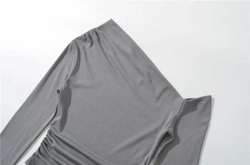 Slim Fit Long Sleeve T-Shirt Irregular Hem Slant Collar Pleated Pure Desirable Sexy Top for Women Fashionable Autumn New Style.