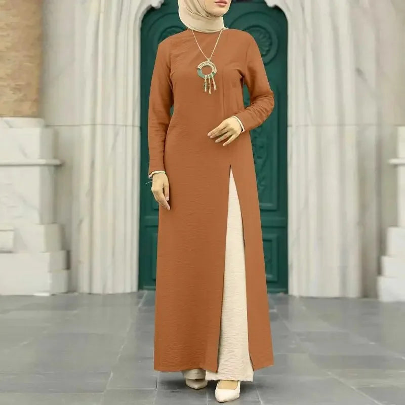 Muslim Women's Long Sleeve Crepe High Split Hem Dress.