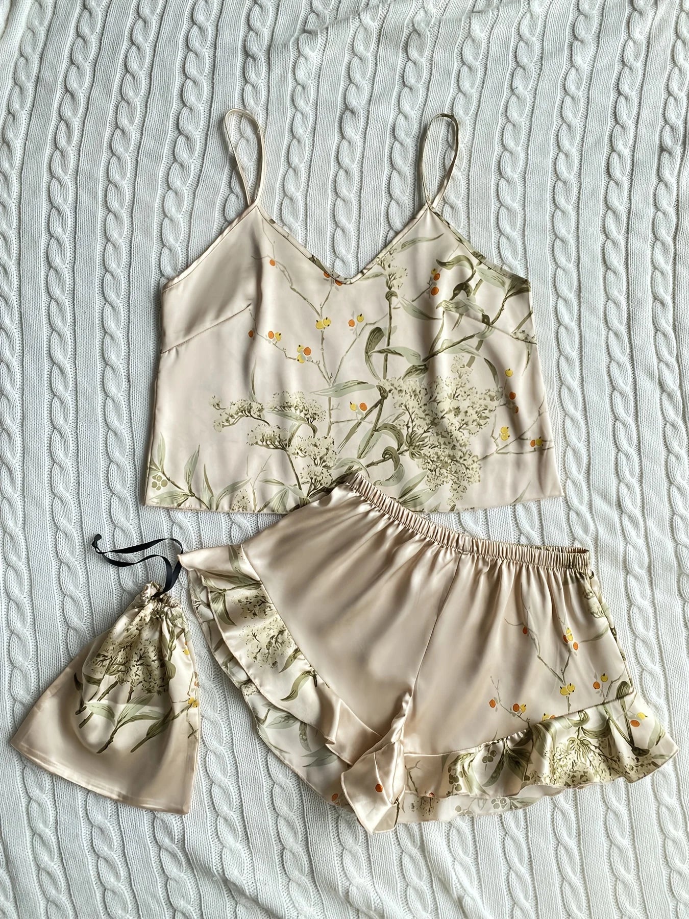 Elegante Cami-Tops mit Blumendruck, Rüschensaum, Shorts, Pyjama-Set, Damen-Nachtwäsche, Loungewear.