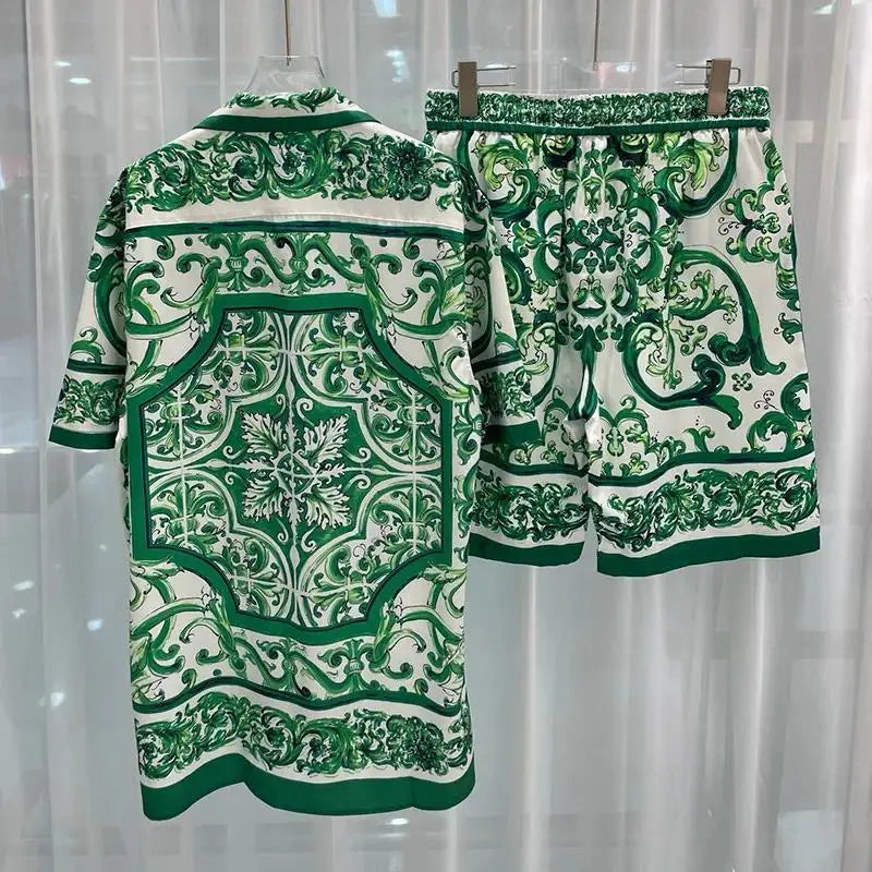 Summer 2025 Digital Print Casual Short Sleeve Mens Shirt Shorts Hawaiian Shirt Set Cross-Border Youth Fashion Male Model Clothes.