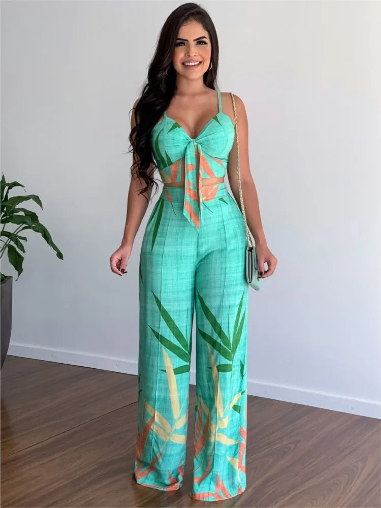 Elegant Two Piece Outfits For Women 2025 Sexy V-Neck Strap Backless Lace-up Slim Crop Top & Wide Leg Pants Sets Summer Lady Suit.