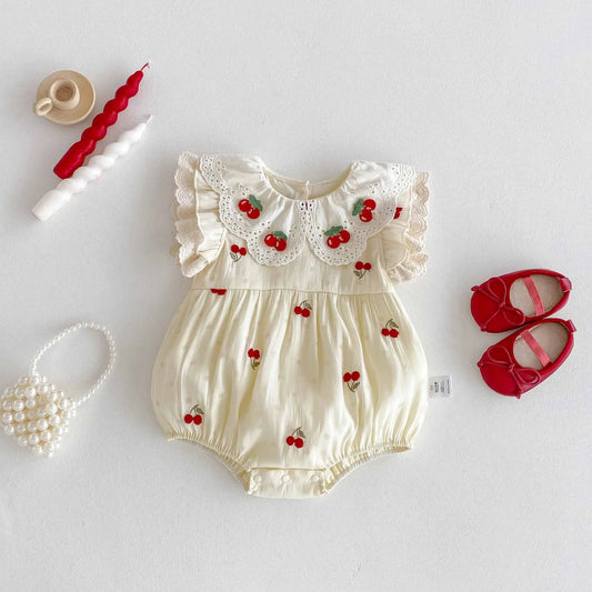0-2 Jahre Babykleidung, Spitzenkragen-Body, Kirschstickerei, Baby-Body und einteilige Kleinkind-Geburtstagskleidung