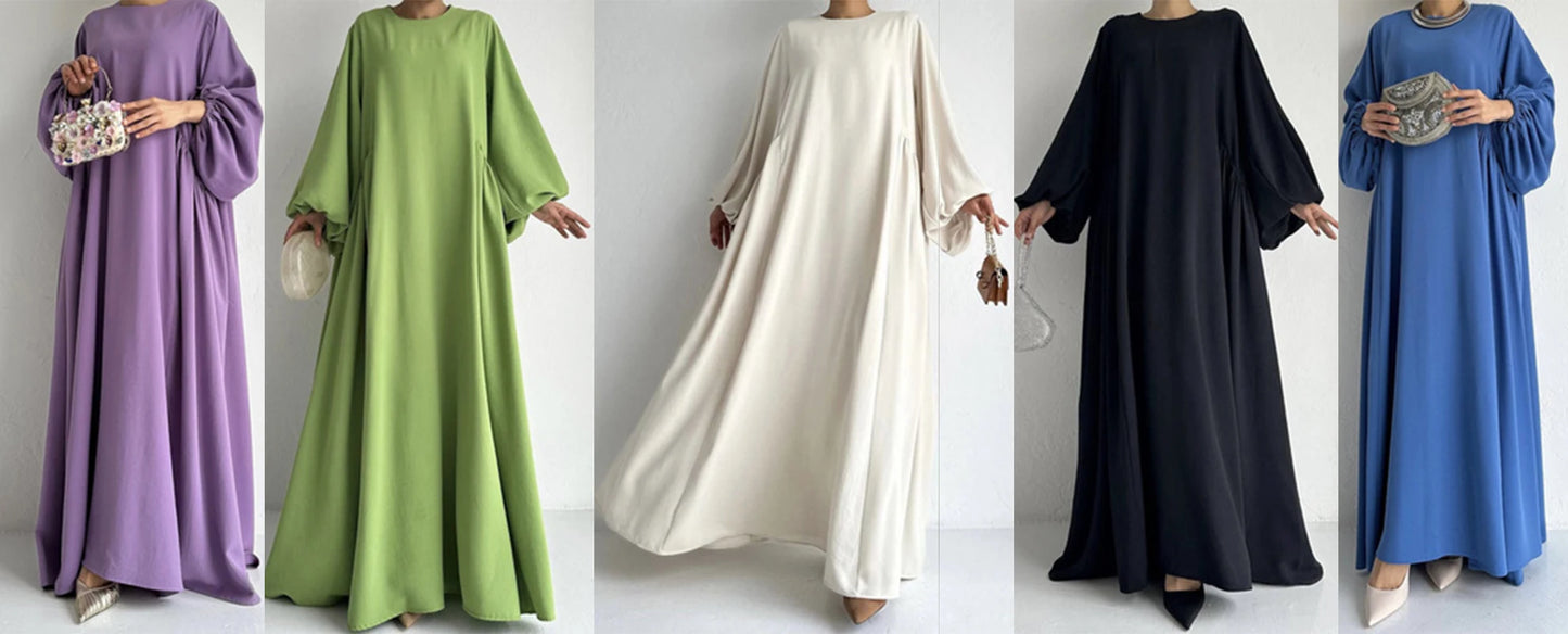 Abaya Ramadan Solid Bishop Sleeve Kebaya Kaftan, Elegant Crew Neck Maxi Length Dress,  Islam Abayas For Women.