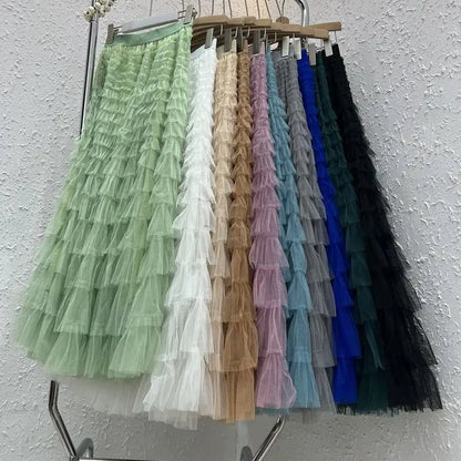 Chamliforve Women Tulle Mesh Skirt Elegant Elastic Waist Fairy Long A-line Tutu Skirt for Spring Summer Long Cake Skirt.