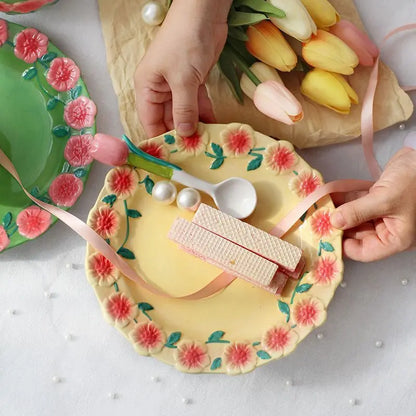 Flower Plate Embossed Small Flower Breakfast Dessert Plate Household Ceramic Plate Under Glaze Colored Hand-painted Tableware.