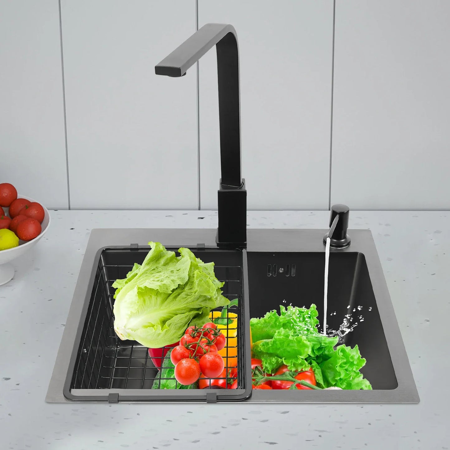 Edelstahlspüle 40 x 45 cm, schwarze Küchenspüle mit Spültischarmatur, 1 x 45 cm, Unterschrankspüle W | Abtropfbrett und Sieb