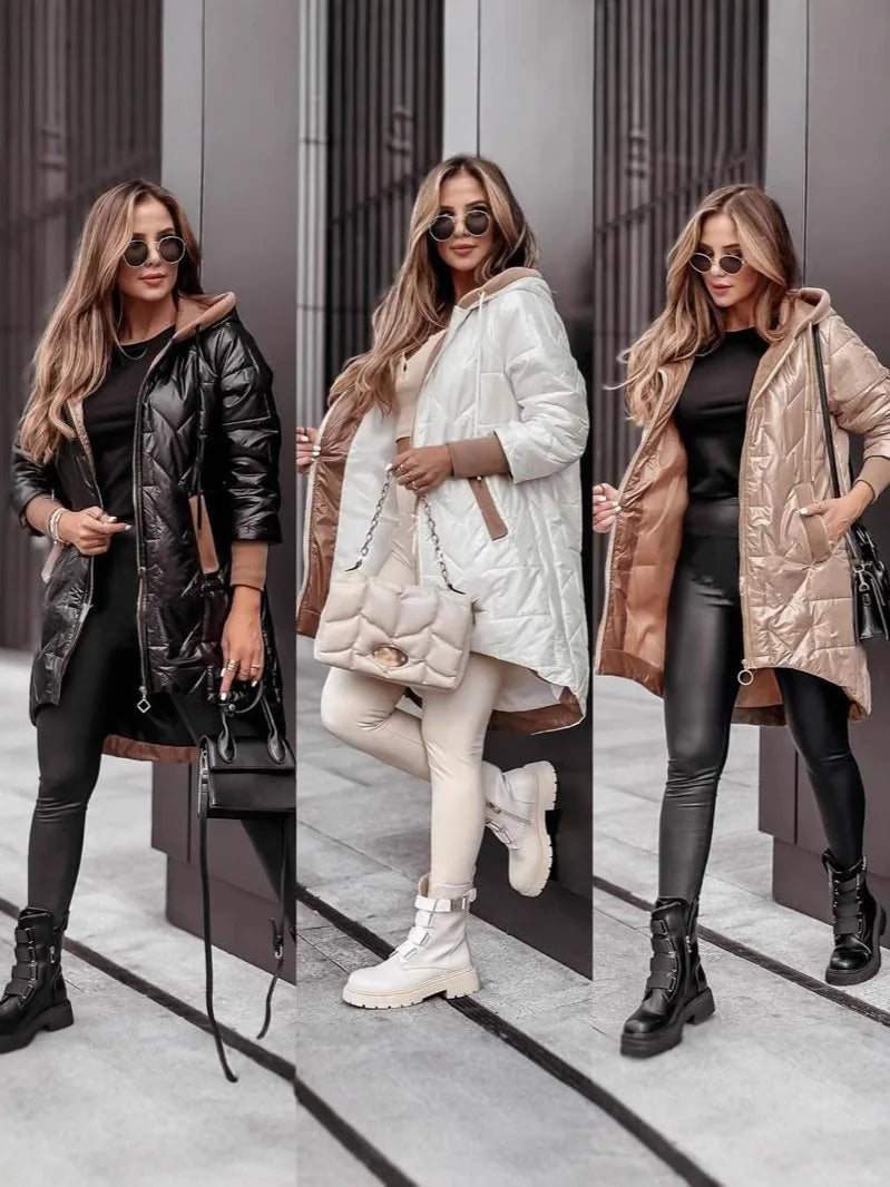 Herbst Winter 2025, neue Mode für Damen, lässig, trendig, täglich, einfach, Basic, langärmelig, mit Kapuze, Steppmäntel, weibliche Kleidung, Parkas