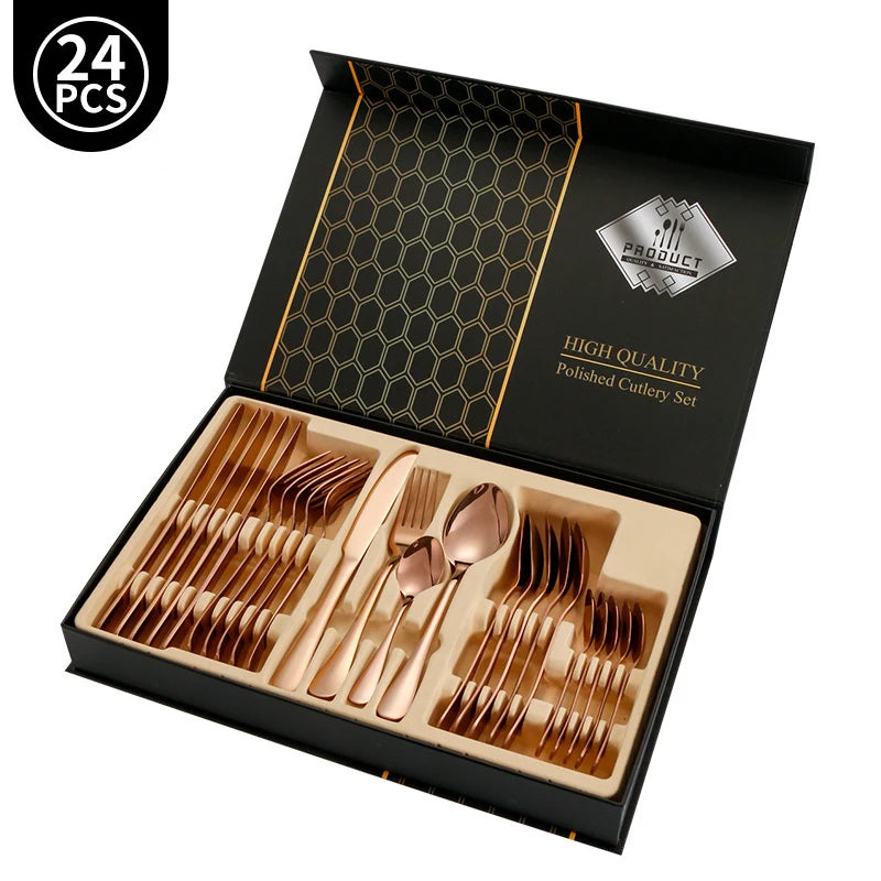 24pcs Golden Tableware Set Light Luxury Stainless Steel Cutlery Fork Knife Spoon Dinnerware Set Minimalist Decor with Gift Box
