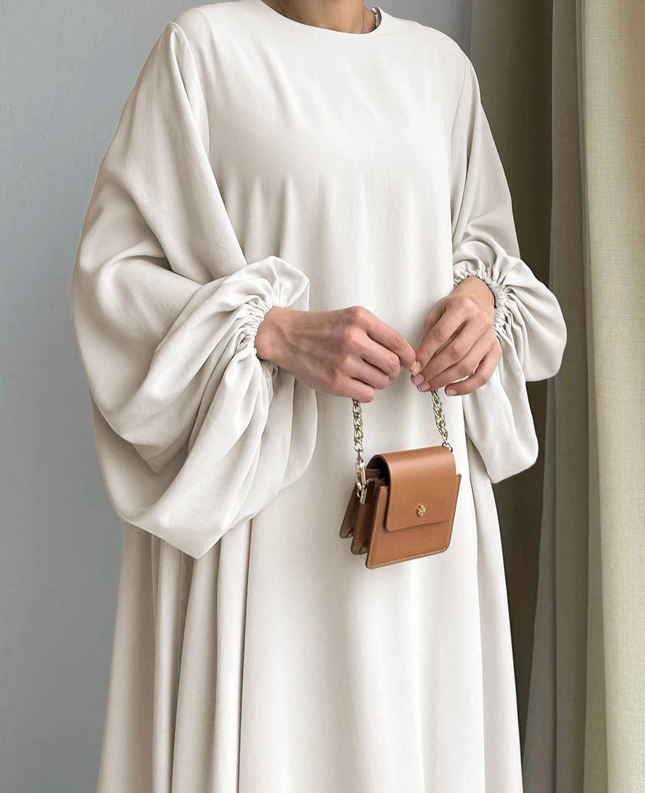 Abaya Ramadan Solid Bishop Sleeve Kebaya Kaftan, Elegant Crew Neck Maxi Length Dress,  Islam Abayas For Women.