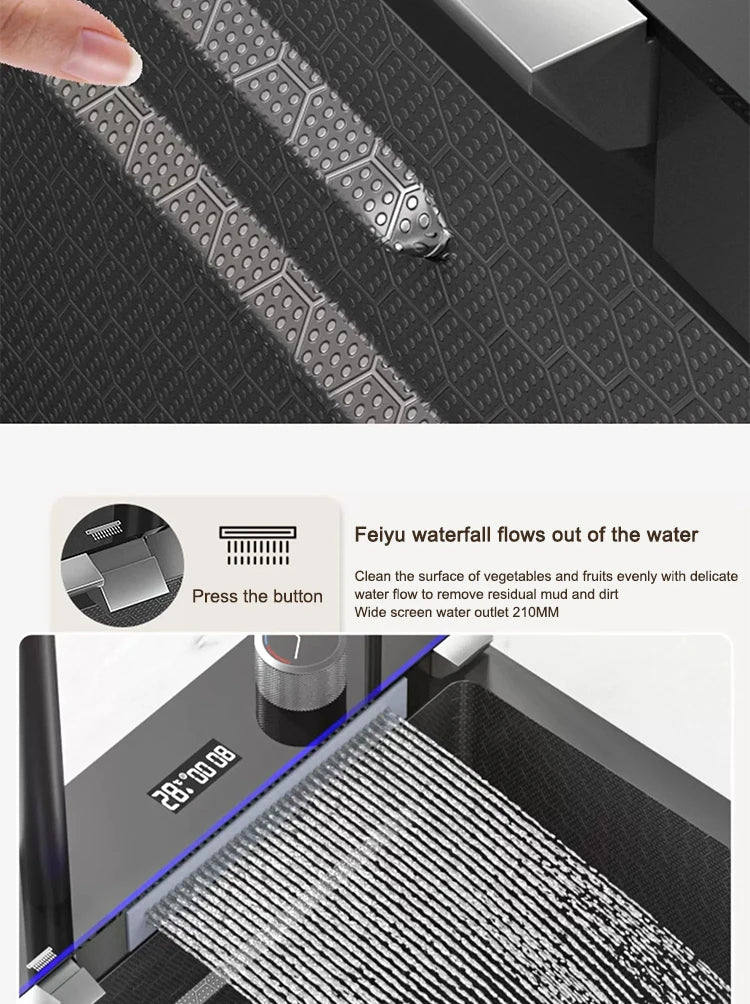 Küchenspüle, Wasserfall-Waschbecken aus Edelstahl, extra großer Einzelschlitz mit Digitalanzeige, Wasserhahn-Set für die Küche