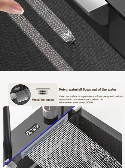 Küchenspüle, Wasserfall-Waschbecken aus Edelstahl, extra großer Einzelschlitz mit Digitalanzeige, Wasserhahn-Set für die Küche