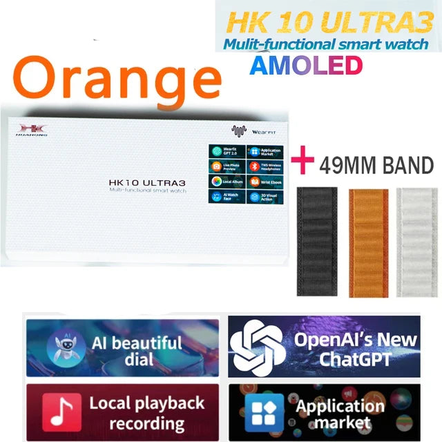 2025 New 49mm HK10 ULTRA 3 Smartwatch HD AMOLED 4G ROM Bluetooth Call Network Chat Robot Clock NFC Compass Smart Watch Men Women.