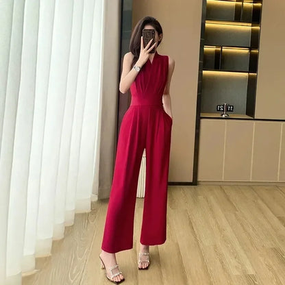 Women's Wide Leg Jumpsuit Pants 2025 Summer New Casual Straight Tube Sports Overalls V-neck Sleeveless Bodysuit For Women Romper.