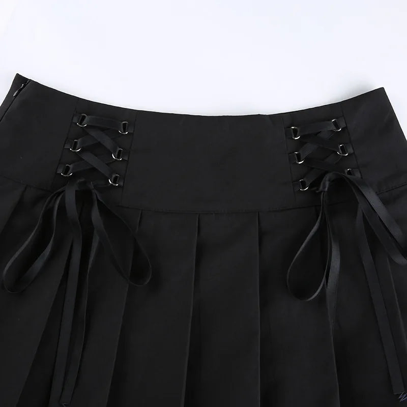 Girl Retro Pleated Skirt Lace Up High Waist Plaid Mesh Stitching Hem Y2K Aesthetic Gothic Black Mini Skirts Bodycon.