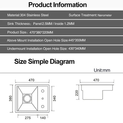 ASRAS Hidden Bar Island kitchen Sink Nanometer SUS 304 Flip Cover Hidden Handmade Small Size kitchen Sinks With Cup Rinser