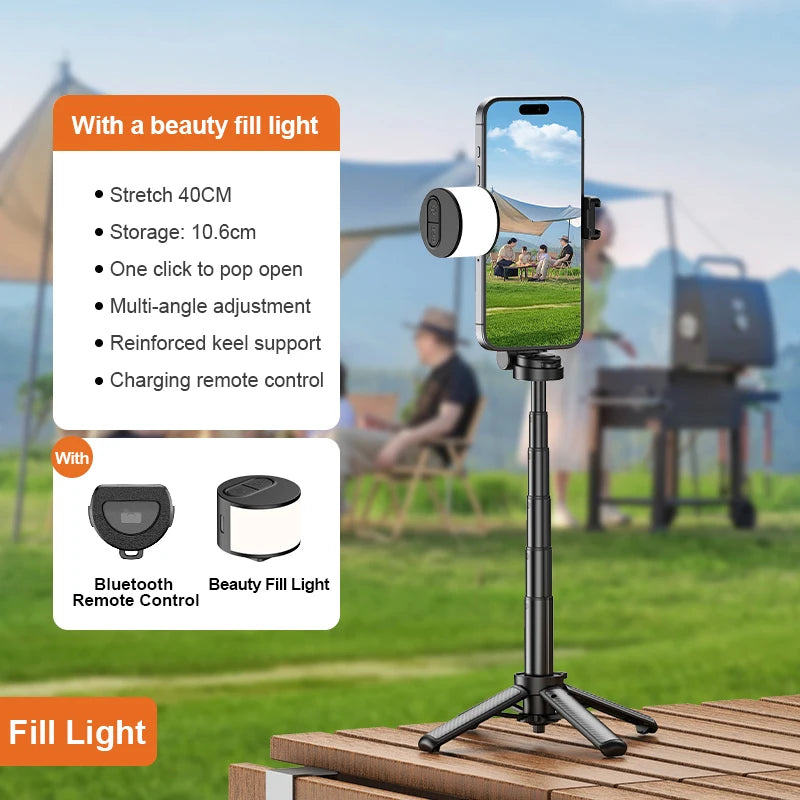 Magnetic Phone Holder 360° Rotation Pocket Selfie Stick With Bluetooth Remote Adjustable Desktop Stand for Live Streaming.