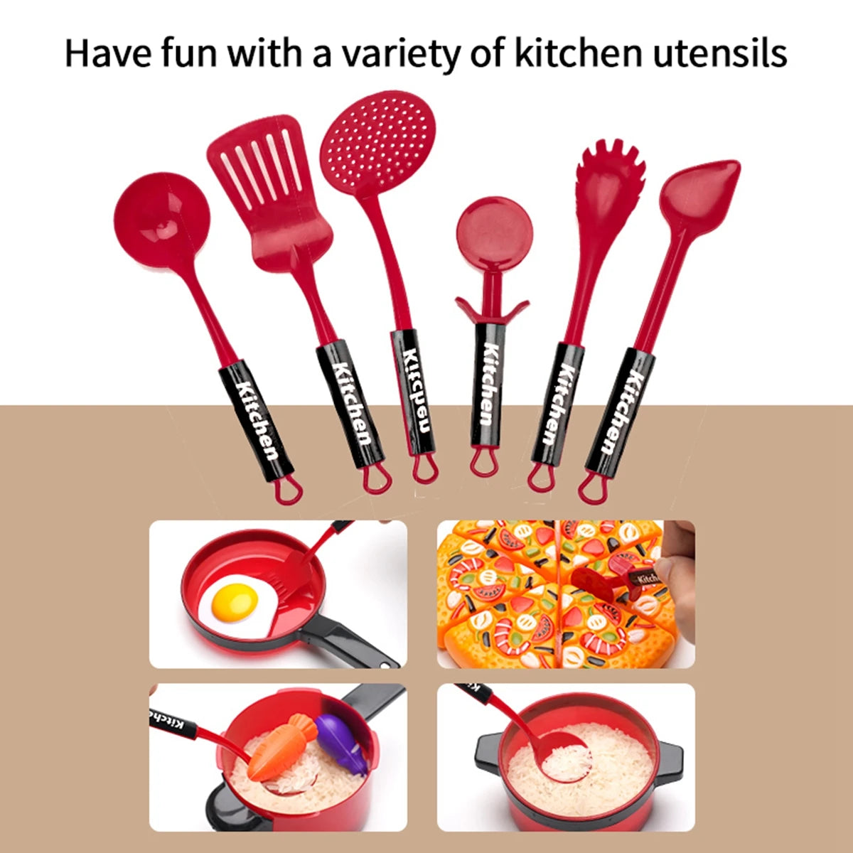 Children's simulation high-detail red cooking kitchen utensils, home school use chef pretend play set suitable for 3 4 5 6 years.