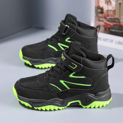 New Boys' Sports Shoes Non-slip School Children's Leather Breathable Running Black Fashion Hiking Shoes Sneaker Size 29-40.