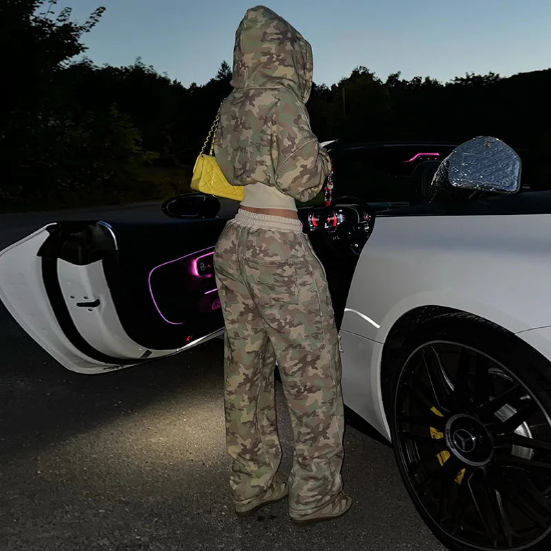 Women 2 Piece Sets Hooded Coat Straight Pants Camouflage Outfits Drawstring Zipper Jacket Tracksuit 2025 Streetwear Ensemble.