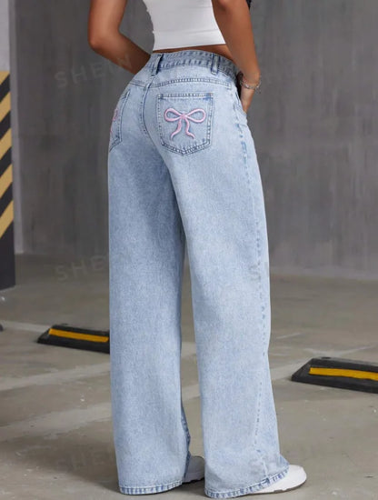 Women Wide Leg Boyfriend Jeans Straight Hip Hop Bow Embroidery Denim Pants Low Waist Baggy Jeans Casual Loose Jeans Streetwear.